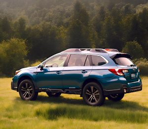 Auto Subaru Outback azul en medio del campo