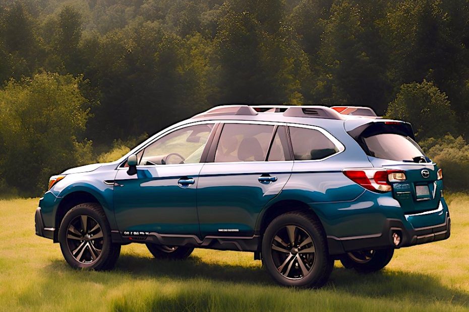 Auto Subaru Outback azul en medio del campo